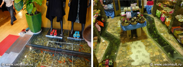 Водные дорожки и аквариумы в полу заманивают покупателей внутрь магазина.